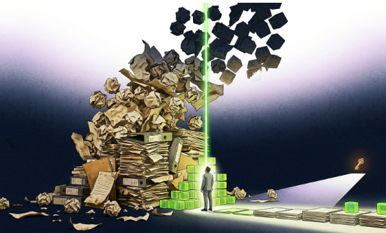 Tour de documents croulants face à un collaborateur cherchant un chemin vers l'IA