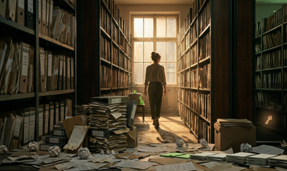 Collaboratrice traversant des archives d'entreprise baignées de lumière dorée