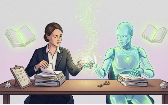 Agent humain et agent IA collaborant côte à côte sur un bureau partagé