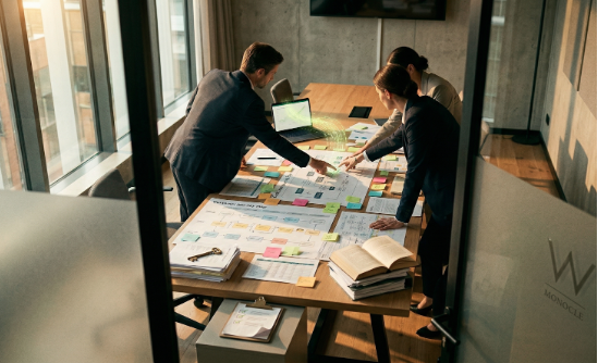 Équipe en atelier stratégique autour de parcours clients et post-its