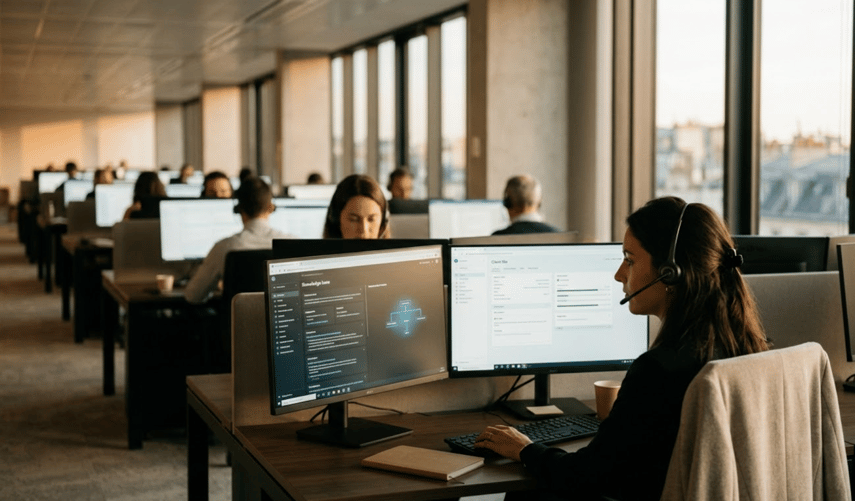 Conseillère mutuelle utilisant un copilot IA pendant un appel avec un adhérent