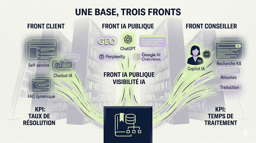 Schéma architecture base de connaissance alimentant trois fronts service client